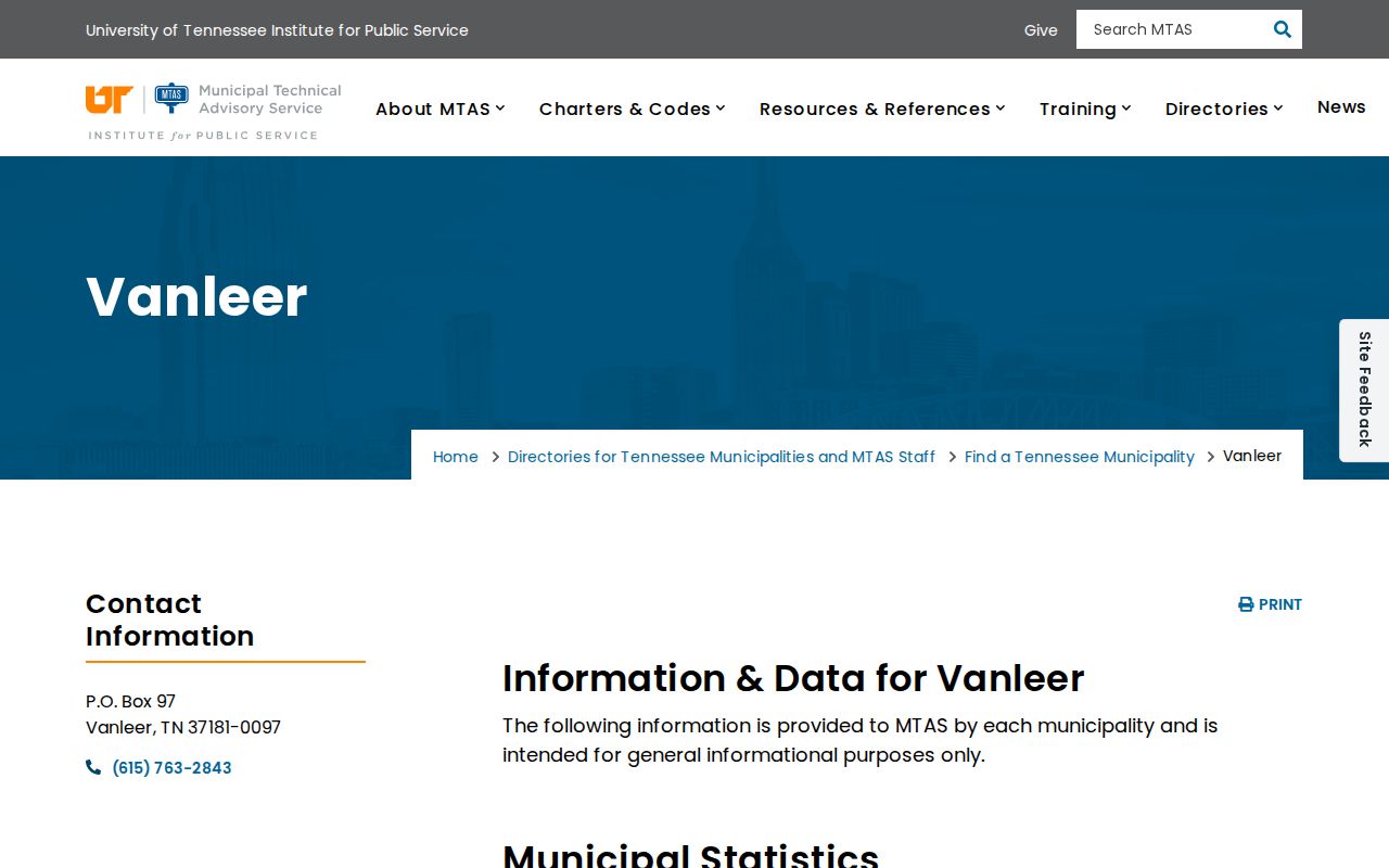 Official MTAS municipal profile used to distinguish Vanleer town information from court docket information