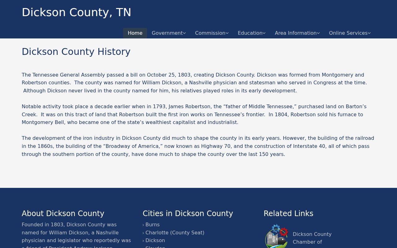 Dickson County official history page
