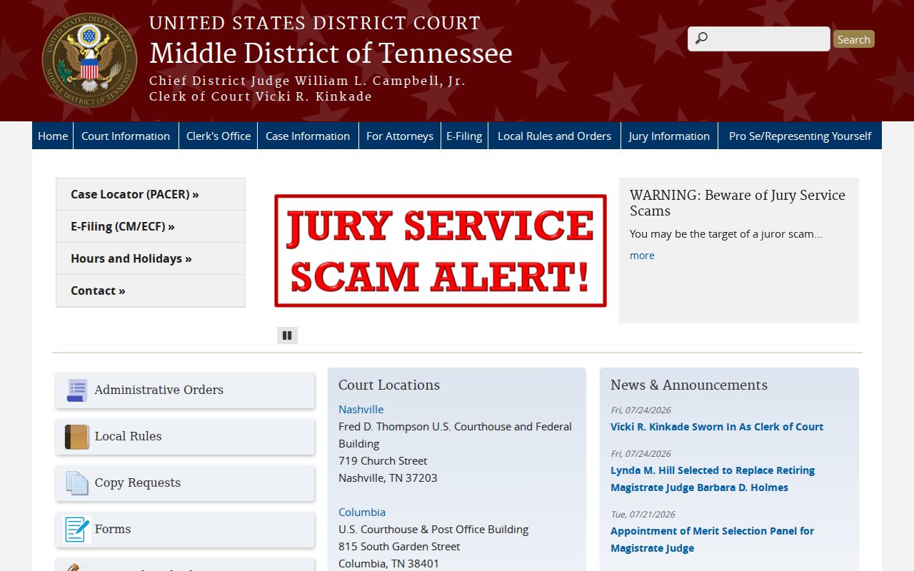 United States District Court for the Middle District of Tennessee website