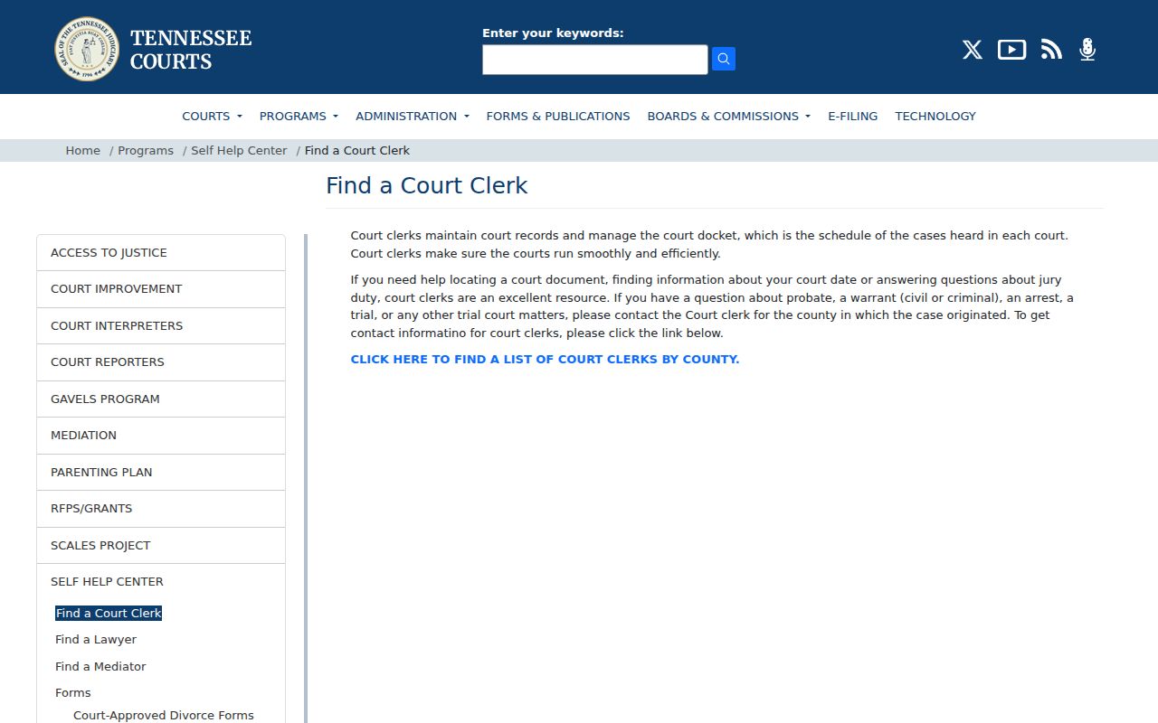 Tennessee judiciary guidance for finding a criminal docket clerk