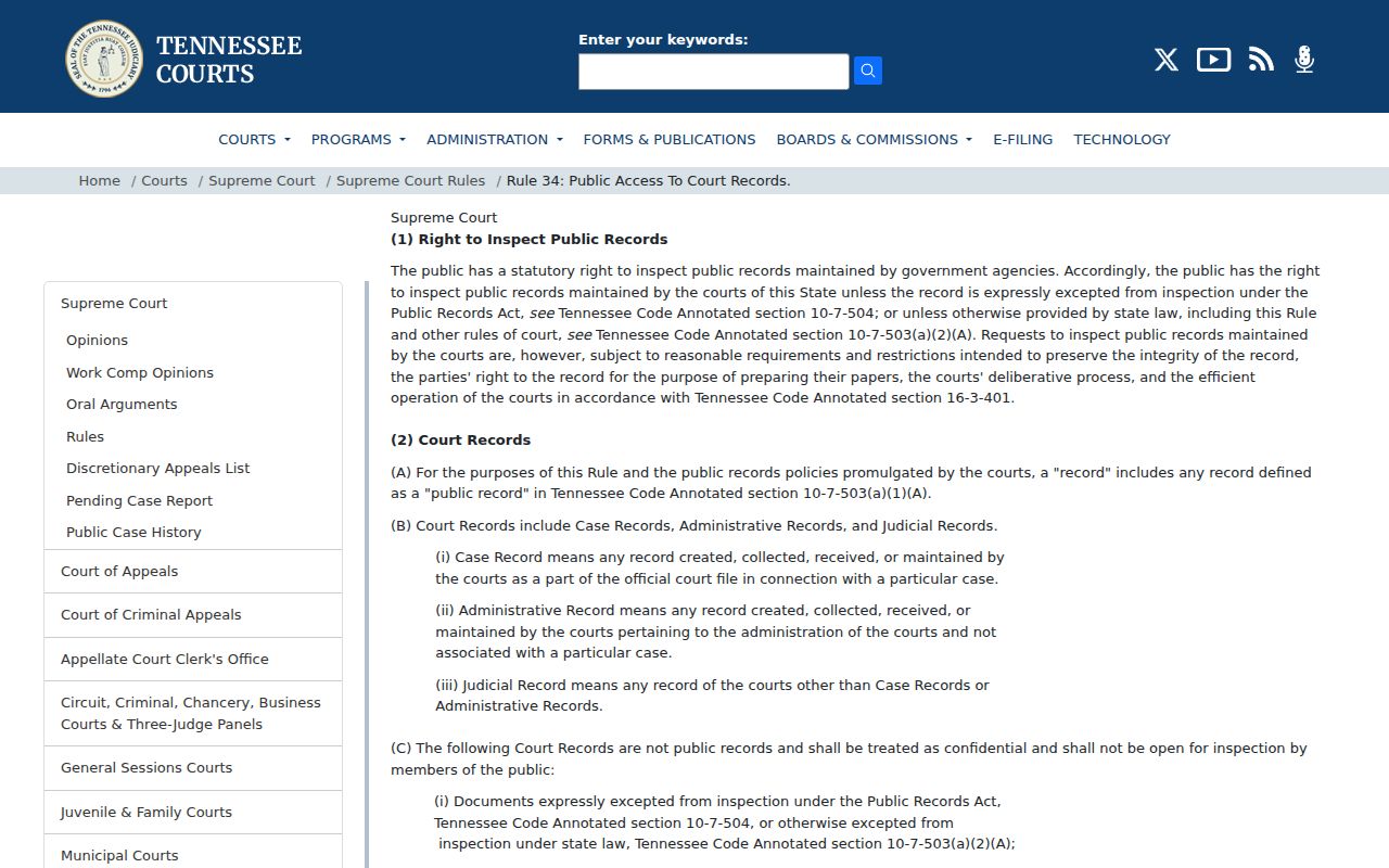 Tennessee Rule 34 public access framework for criminal dockets