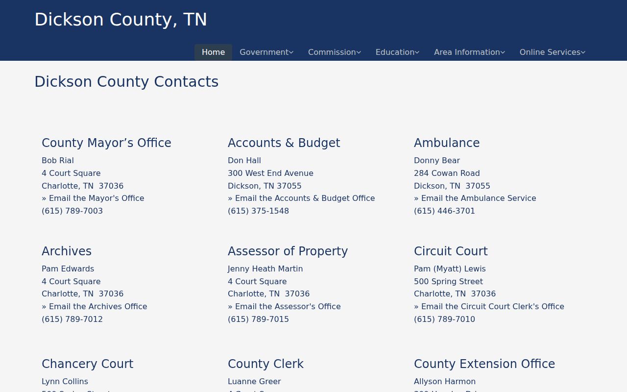 Dickson County Justice Center court clerk and archives contacts