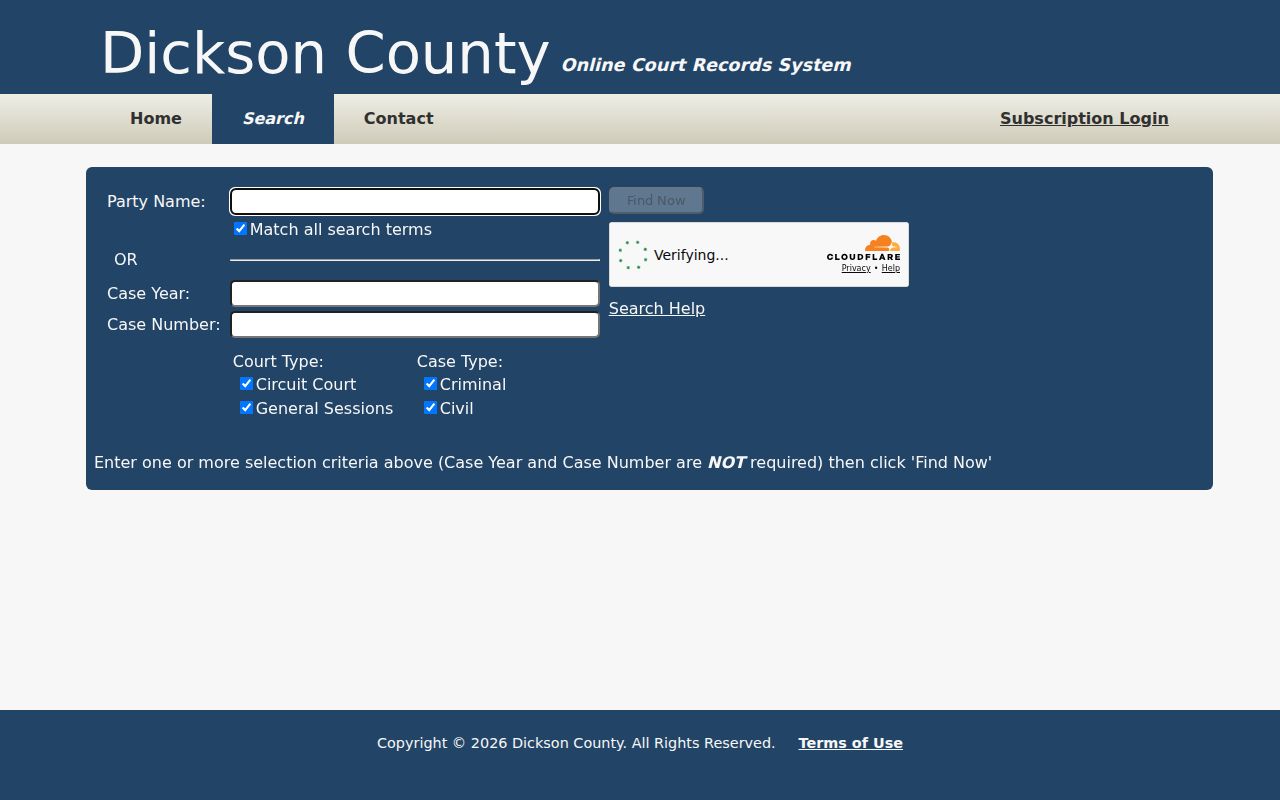 Dickson County TnCIS public court docket search form