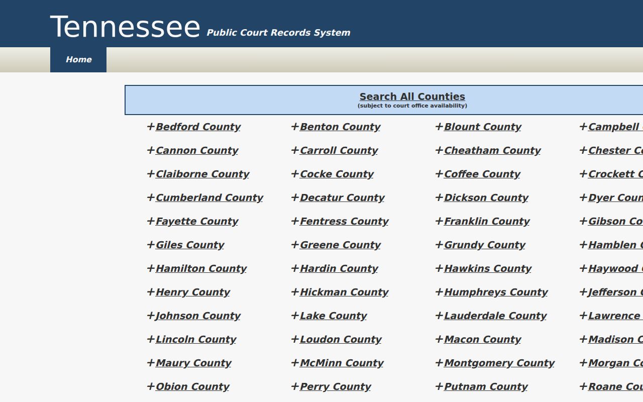 Tennessee Public Court Records System statewide TnCIS landing page